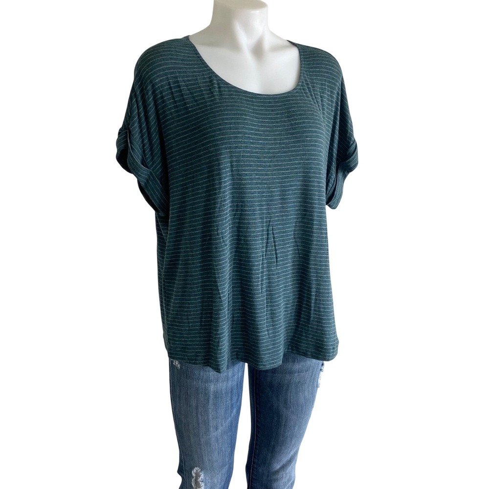 Cabi 4008 Teal Striped Scoop Neck Twisted Cuff Dolman Sleeve Top Medium